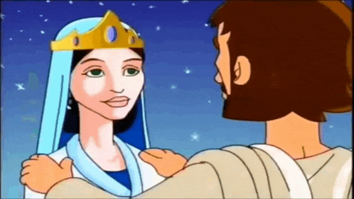 a cartoon of jesus and a woman with a crown on their head