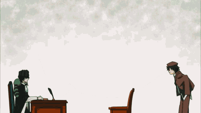a man sitting at a desk with a pen and a speech bubble