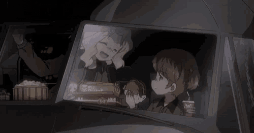 a couple of anime girls are sitting in a car eating popcorn and drinking soda .