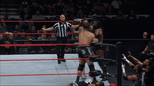a referee in a wrestling ring with a crowd watching