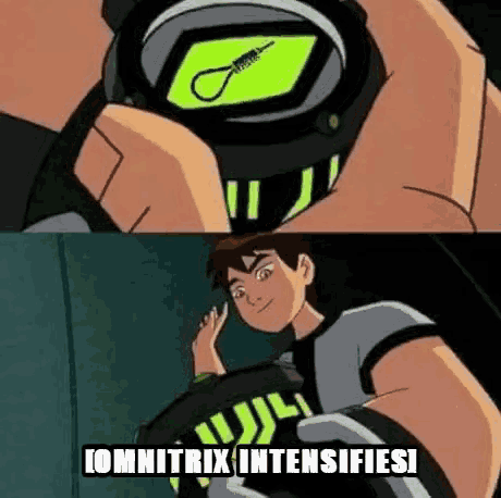 a cartoon character is holding a watch and says `` omnitrix intensifies ! ''