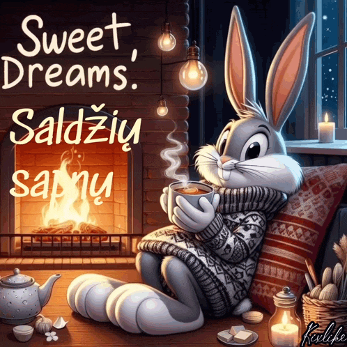 a picture of bugs bunny sitting in front of a fireplace with a cup of coffee