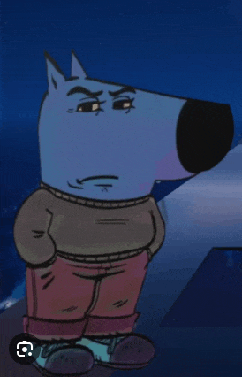 a cartoon dog wearing a sweater and pants