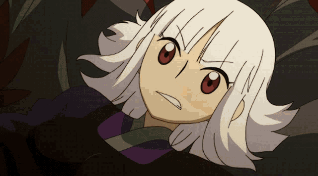 a cartoon character with white hair and red eyes is laying down