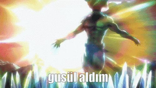 a man with his arms outstretched is surrounded by glowing lights and the words gusül aldim