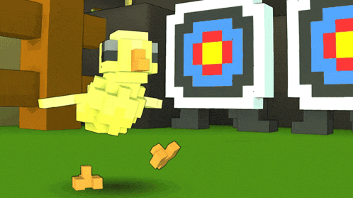 a yellow duck in a video game stands in front of a target