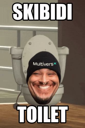 a man wearing a hat that says multivers on it sits in a toilet