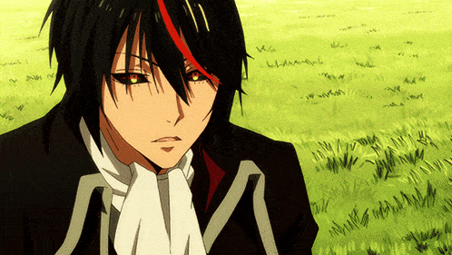 a cartoon character with black hair and red streaks stands in a field of grass