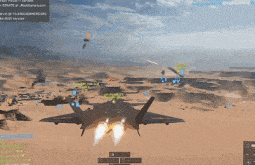a computer screen shows a fighter jet flying over a desert and a donation button