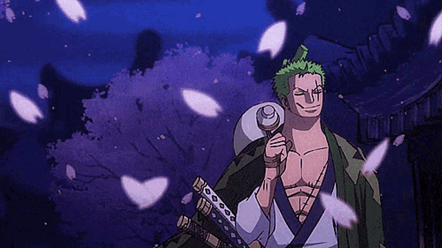 a man in a kimono holding a sword in front of a tree with petals falling from it