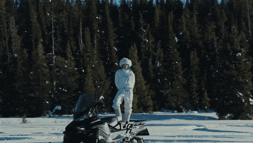 a person standing on a snowmobile in a snowy forest