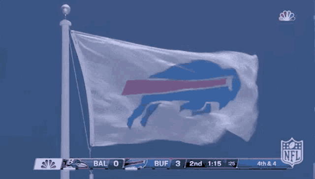 a buffalo bills flag flies in the wind during a game