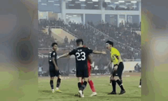 a group of soccer players are standing on top of a field .