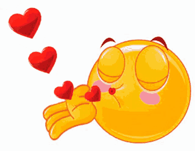 a yellow smiley face is blowing a kiss with red hearts coming out of it 's mouth