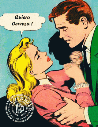 a cartoon of a man kissing a woman with a speech bubble saying quiero cerveza