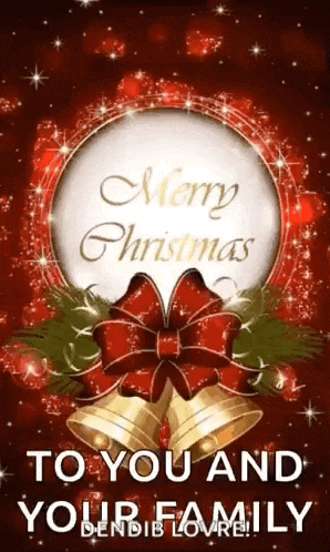 a merry christmas card with bells and a bow on it .