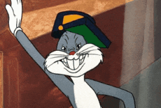 bugs bunny wearing a police hat is smiling and waving