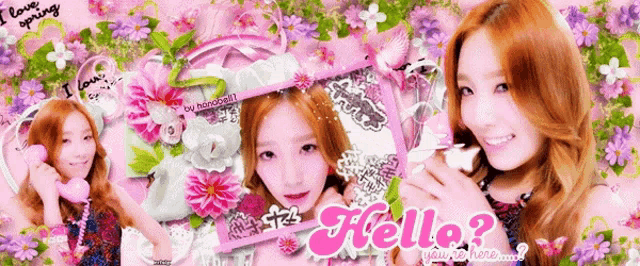 a girl with red hair is surrounded by pink flowers and the words hello