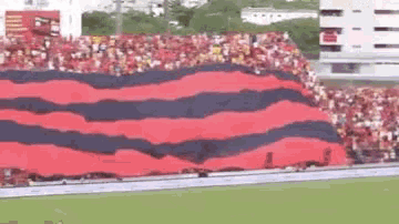 a large red and black striped flag is being waved in a crowded stadium .