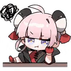 a cartoon girl with pink hair is sitting at a table with her hand on her chin .