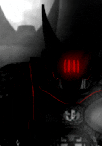 a black and white photo of a robot with a red glowing face