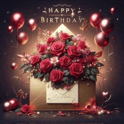 a happy birthday card with a bouquet of red roses in an envelope surrounded by balloons .