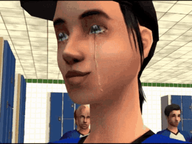 a man is crying in a locker room with other men