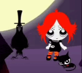 a little girl with red hair is standing next to a cat and a bird