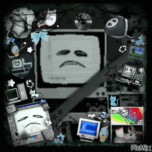 a computer screen with a sad face on it is surrounded by other computer icons