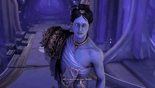 a video game character with blue skin says " i will not beside you again margaret "