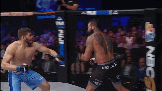 two men are fighting in a boxing ring with nicholso on the back of his shorts