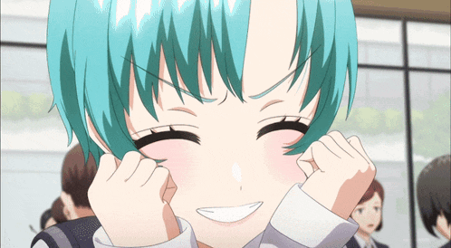 a girl with blue hair is making a funny face with her eyes closed
