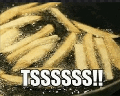 french fries are being cooked in a frying pan with a caption that says tsssss