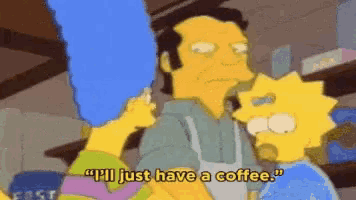a cartoon character says " i 'll just have a coffee " next to a cartoon character