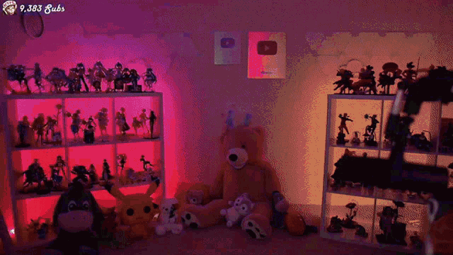 a room filled with lots of stuffed animals and a sign that says 9 383 subs