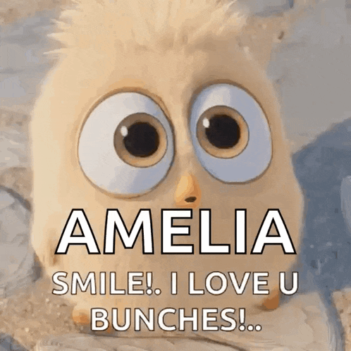 a cartoon owl with big eyes says amelia smile i love u bunches .