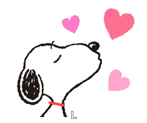 a cartoon of snoopy blowing a kiss with hearts surrounding him