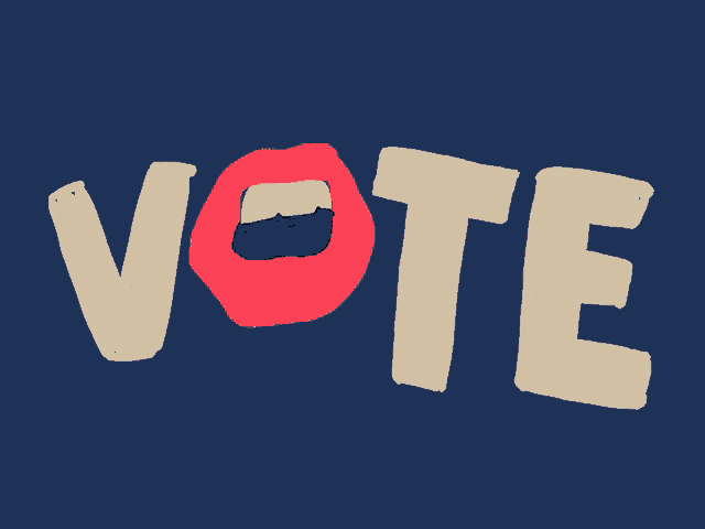 the word vote with a red circle around it on a blue background