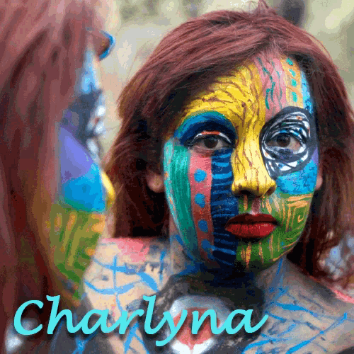 a woman with her face painted has the name charlyna written below her