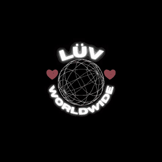 the logo for luv worldwide has a globe and two hearts