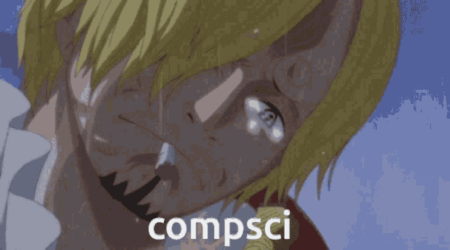 a man with a beard is crying and the word compsci is on the bottom