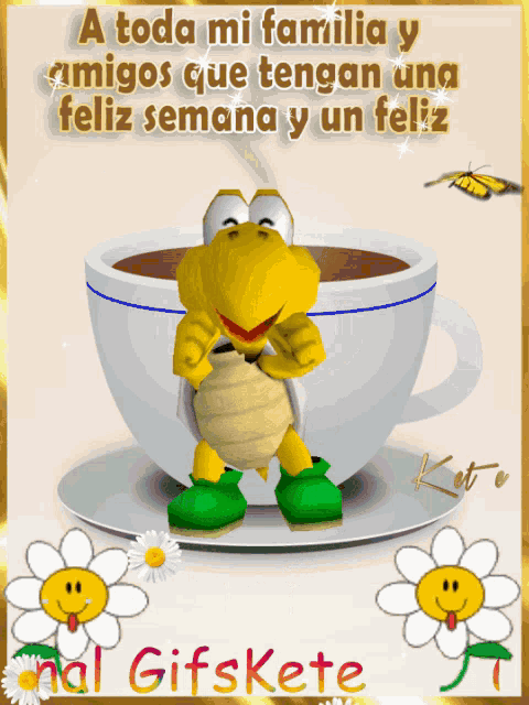 a cartoon character holding a cup of coffee with the words a toda mi familia y amigos
