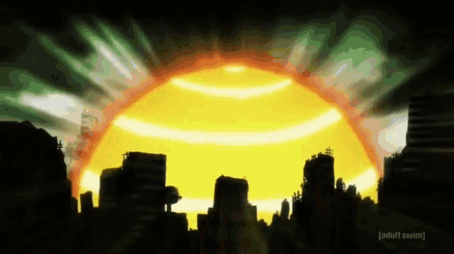 a large yellow sun is shining over a city with the words adult swim written below it