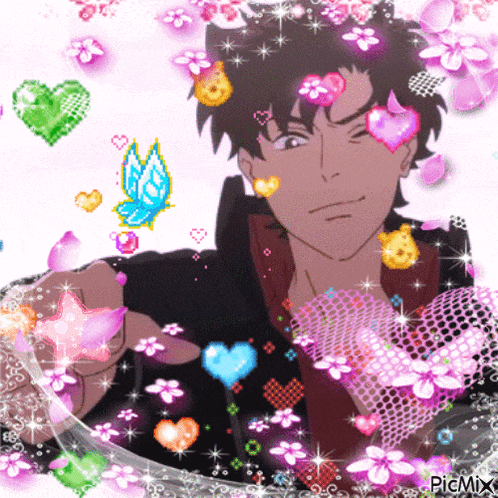 a cartoon of a man surrounded by hearts and flowers with the words picmix at the bottom