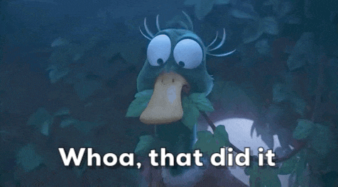 a cartoon duck with big eyes and the words whoa that did it