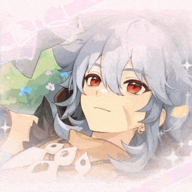 a drawing of a girl with blue hair and red eyes with a bow in the background