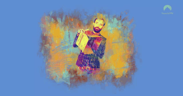 a painting of a man holding a box that says northvpn on it