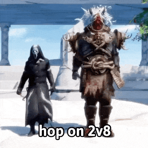 a man in a costume is standing next to another man in a costume and says `` hop on 2v8 '' .