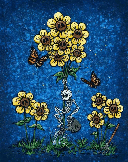 a drawing of a skeleton holding a bouquet of sunflowers surrounded by butterflies