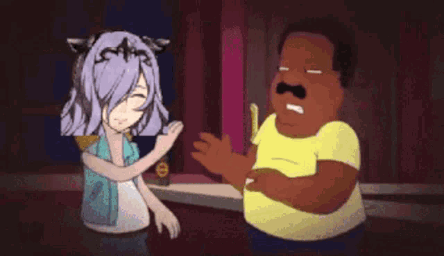 a cartoon of a man with a mustache and a girl with purple hair and horns